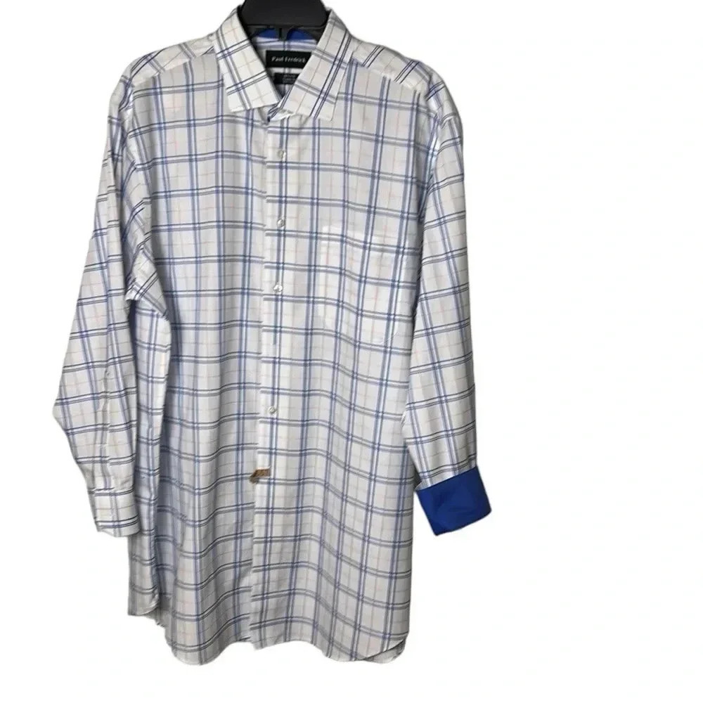 PAUL FREDRICK,  shirt, men 16.5”. White, blue,plaid,2 ply cotton shirt, button